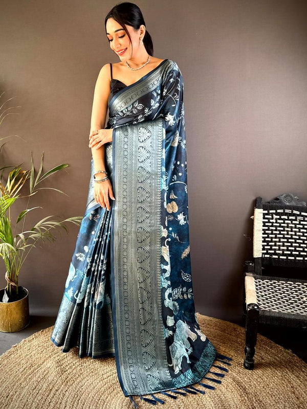 Navy Blue Soft Silk Animal Bandhej Saree