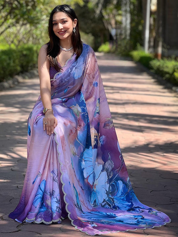 Blue With Pink Satin Georgette Flower Print Saree