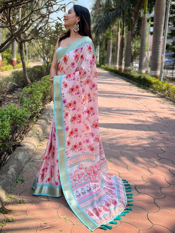 Pink With Blue Digital Water Floral Print & Zari Weaving Border Saree