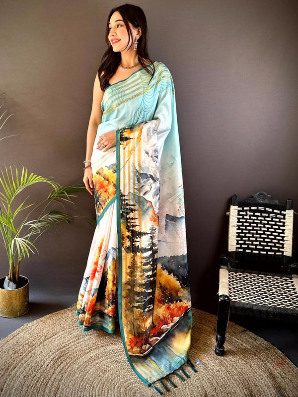 Blue With White Japanese Freehand Digital Print Soft Silk Saree