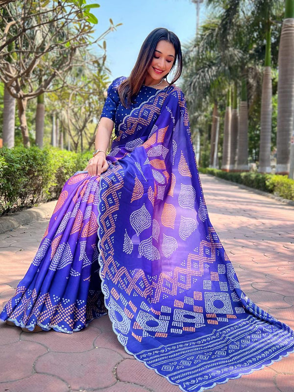 Persian Blue Pure Satin Georgette Ombre Bandhej Print Saree