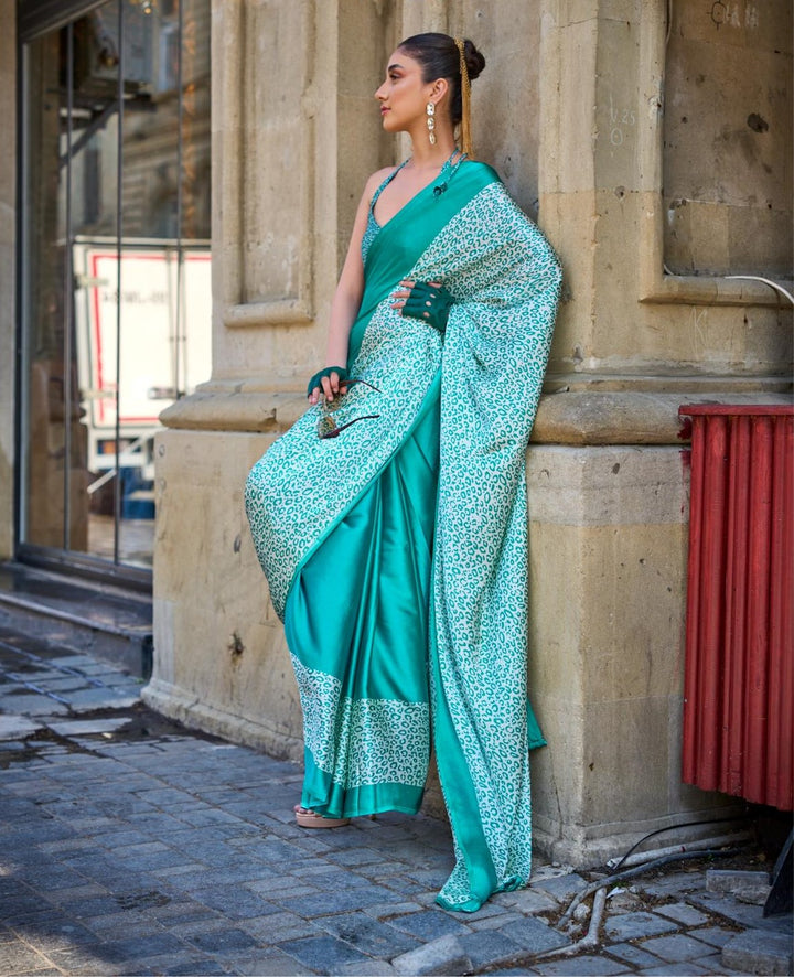 Turquoise Blue Printed Satin Crepe Saree - PAHRAVA