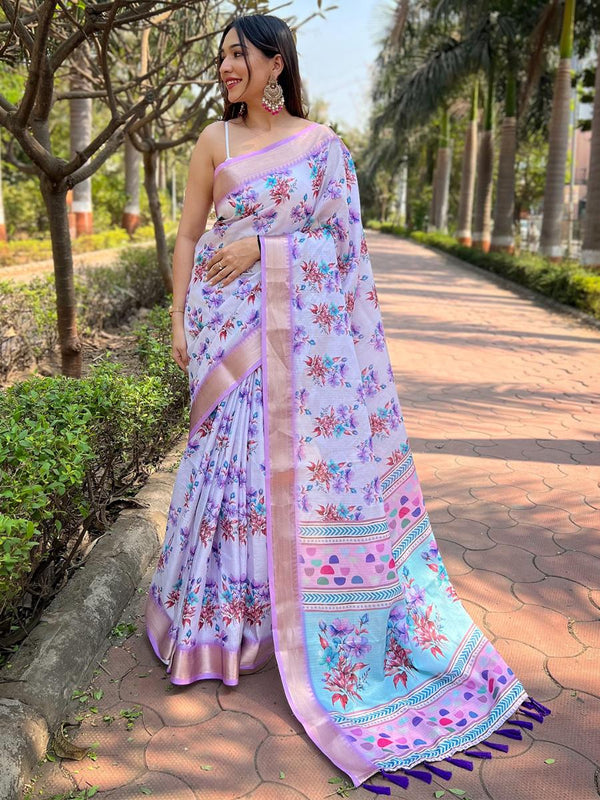 Light Purple Digital Water Floral Print & Zari Weaving Border Saree