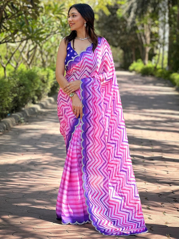 Pink With Blue Leheriya Printed Diamond Zarkand StoneWork Saree