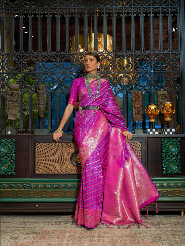 Raspberry Pink Pure Satin Handloom Weaving Saree - PAHRAVA