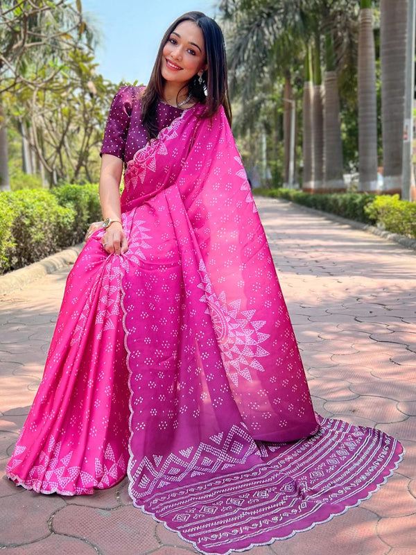 Rose Pink Pure Satin Georgette Ombre Bandhej Print Saree