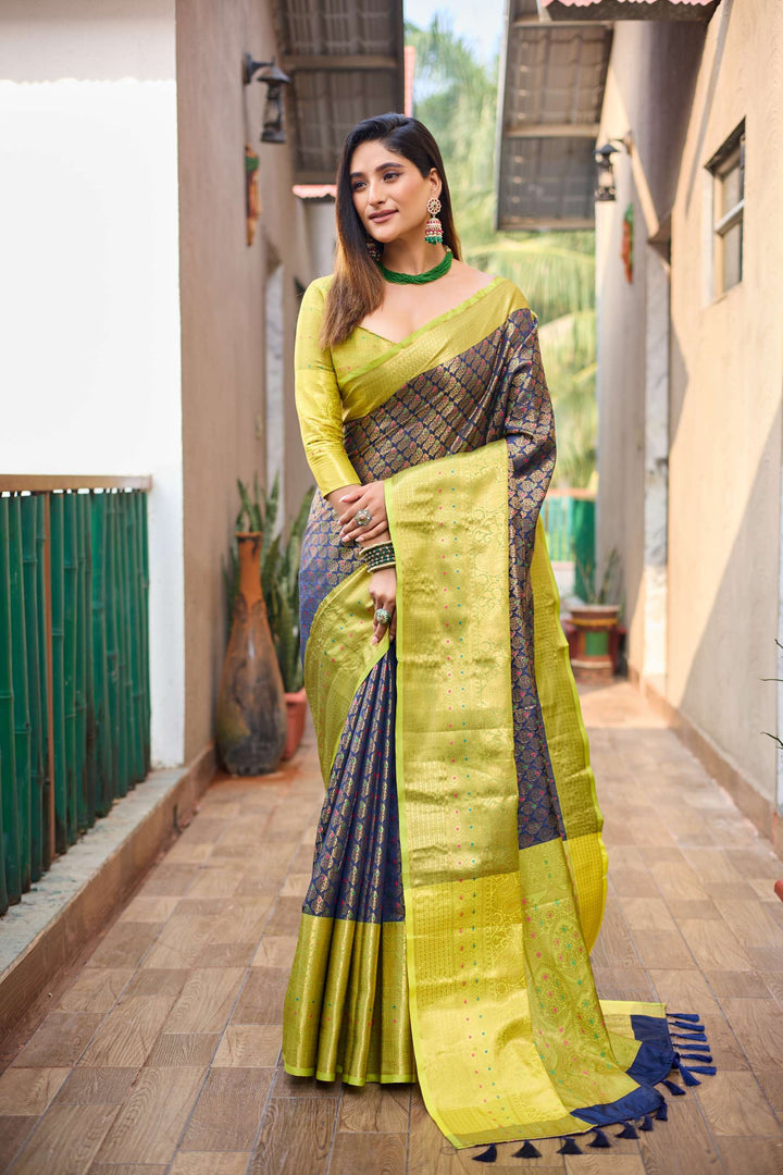 Navy Blue With Gold Border Saree with Vibrant Tassels - PAHRAVA