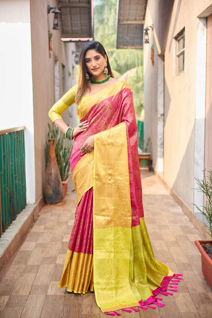 Yellow with pink saree with vibrant tassels - PAHRAVA