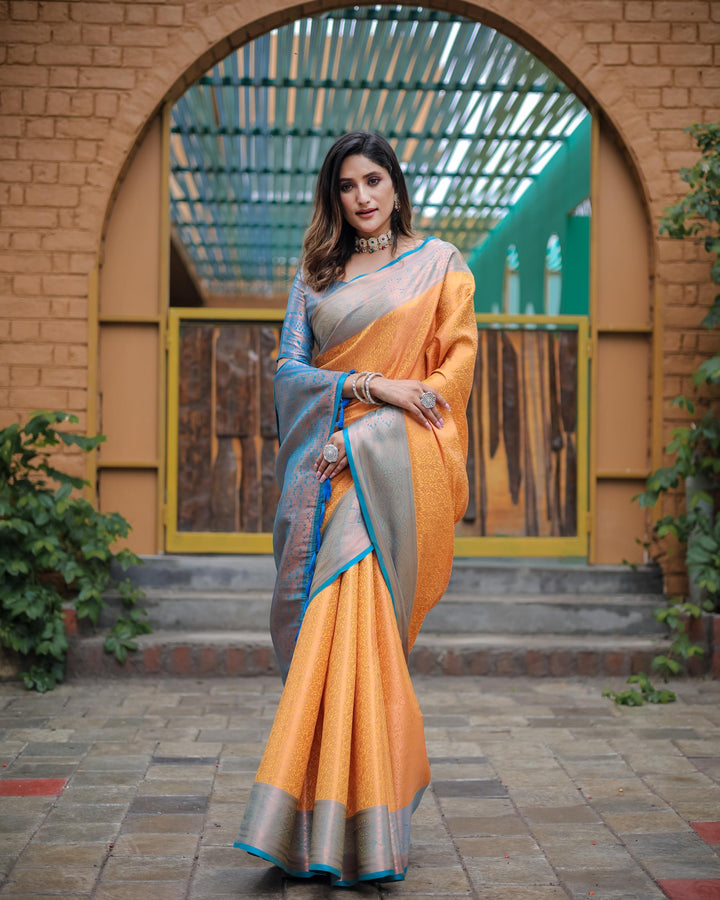 Bright yellow luxury kanjivaram silk saree - PAHRAVA