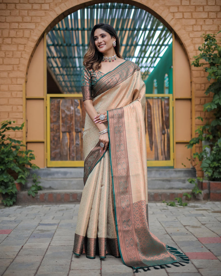 Classy cream luxury kanjivaram silk saree - PAHRAVA