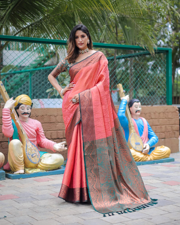 Peach with teal blue border luxury kanjivaram silk saree - PAHRAVA