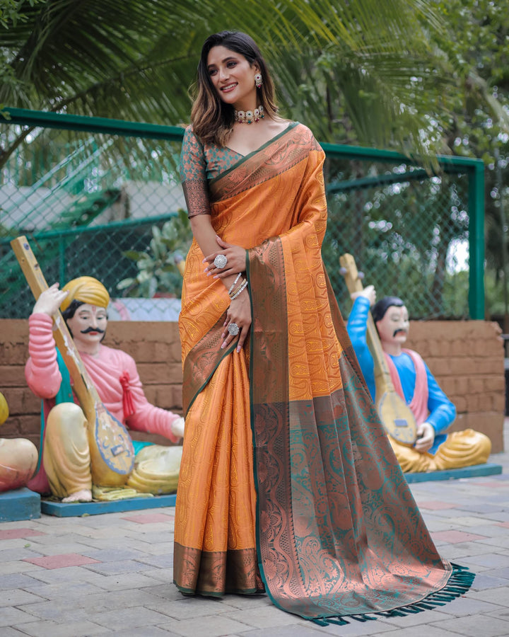 Mustard yellow with green border luxury kanjivaram silk saree - PAHRAVA