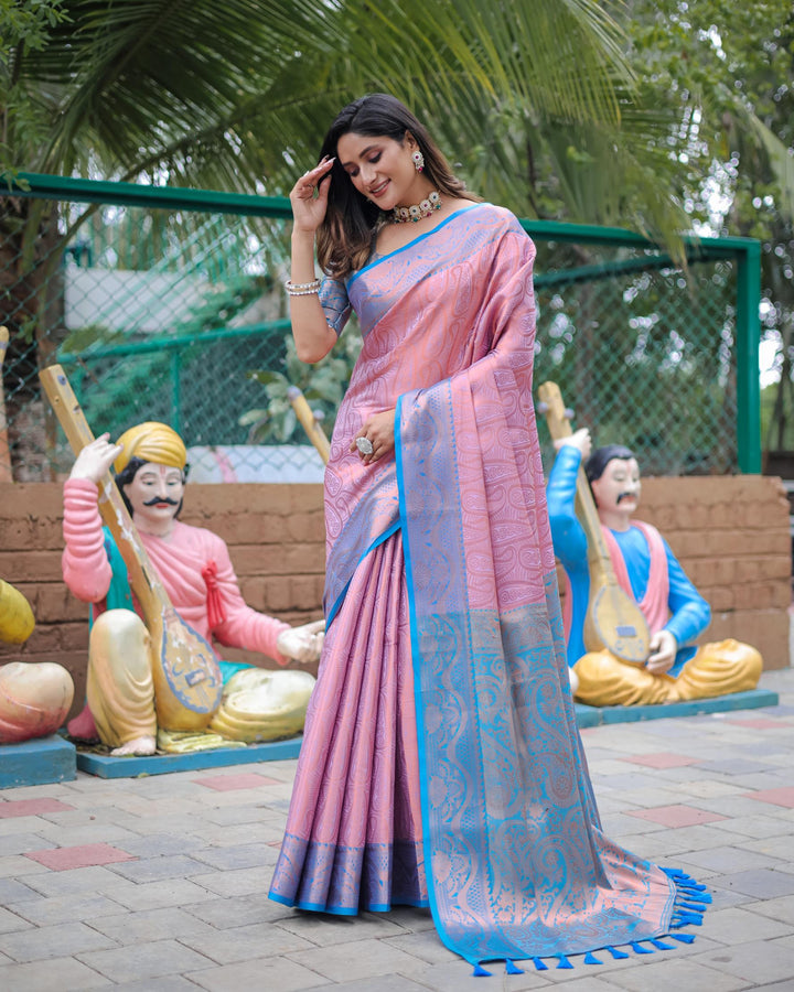 Pink with sky blue border luxury kanjivaram silk saree - PAHRAVA