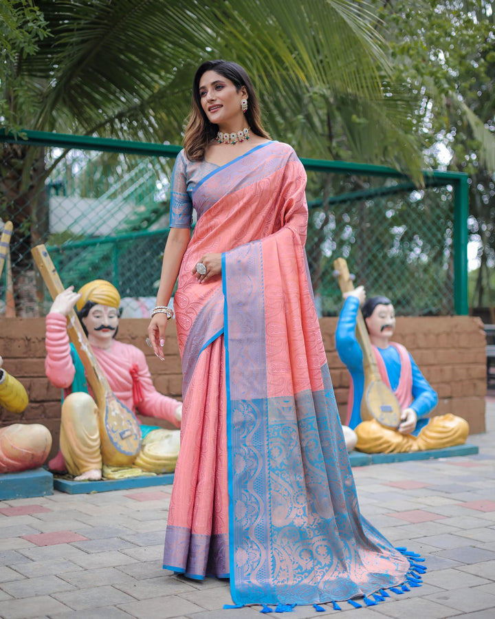 Rose pink with blue border luxury kanjivaram silk saree - PAHRAVA