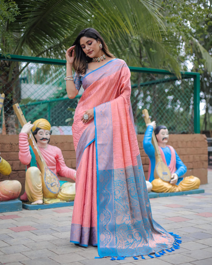 Rose pink with blue border luxury kanjivaram silk saree - PAHRAVA