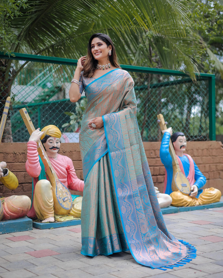 Silver grey with blue border luxury kanjivaram silk saree - PAHRAVA