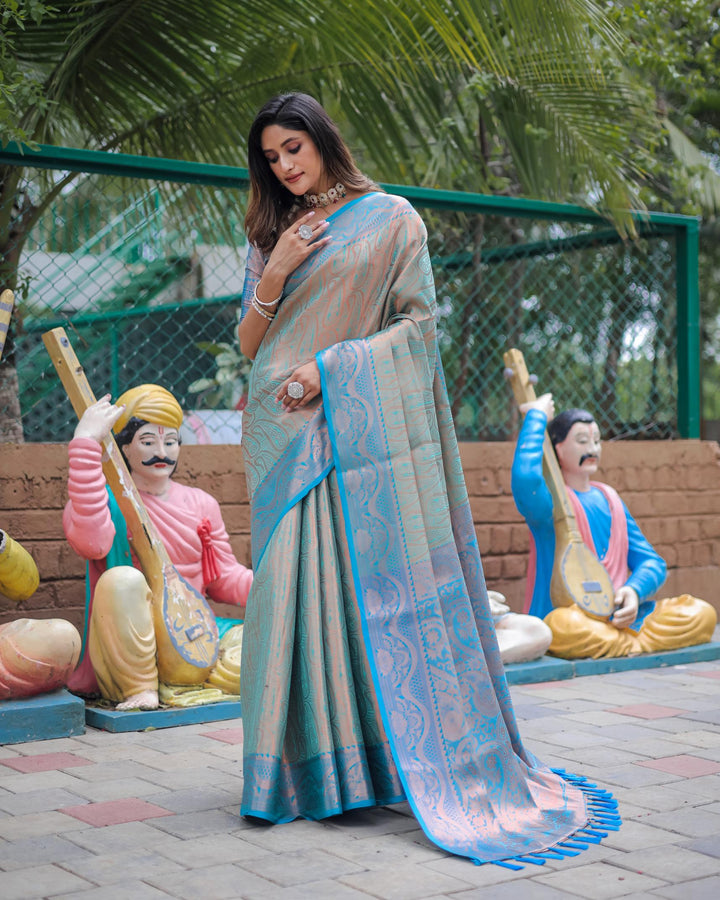 Silver grey with blue border luxury kanjivaram silk saree - PAHRAVA