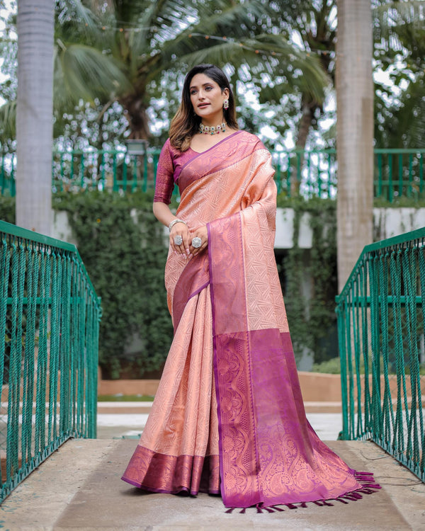 prism peach luxury kanjivaram silk saree - PAHRAVA