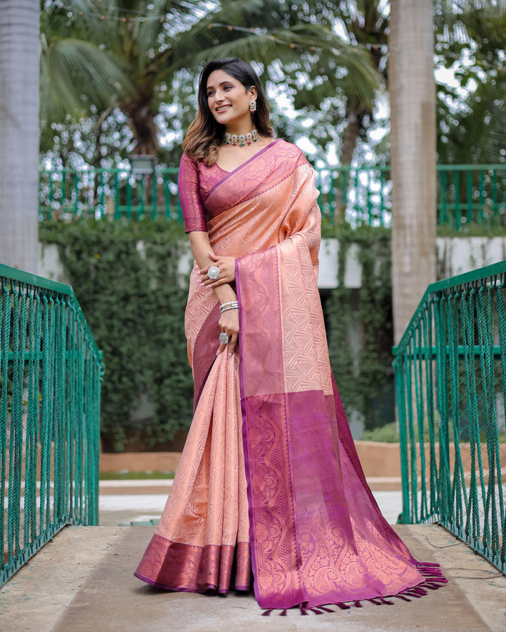 prism peach luxury kanjivaram silk saree - PAHRAVA