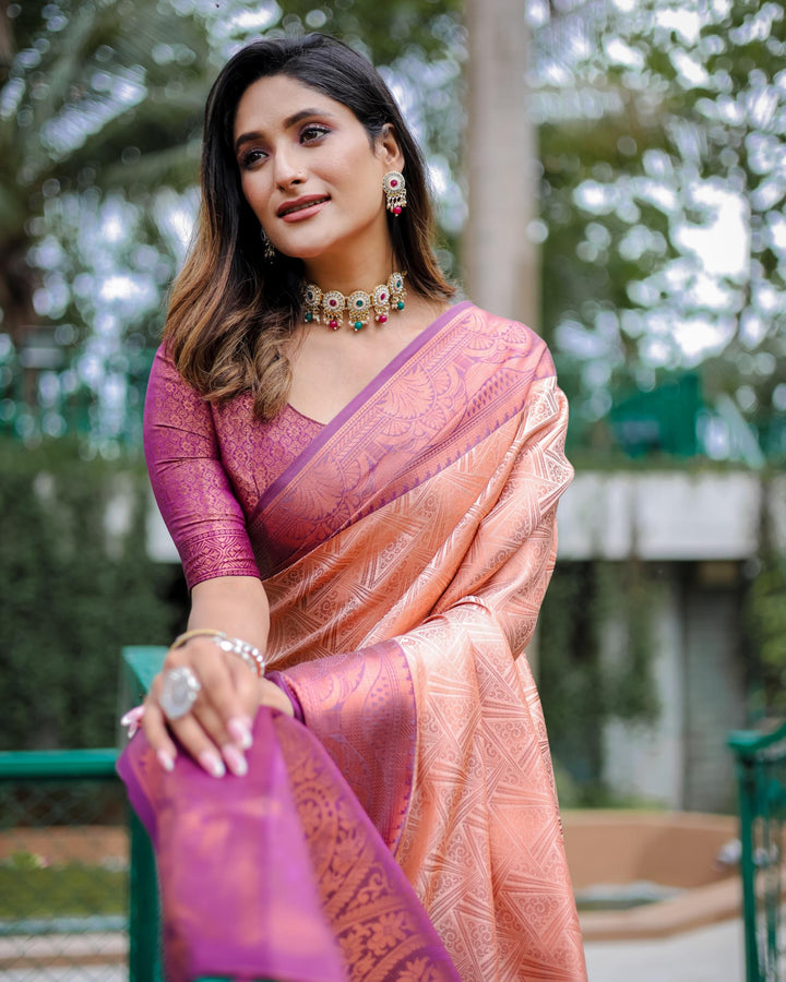 prism peach luxury kanjivaram silk saree - PAHRAVA