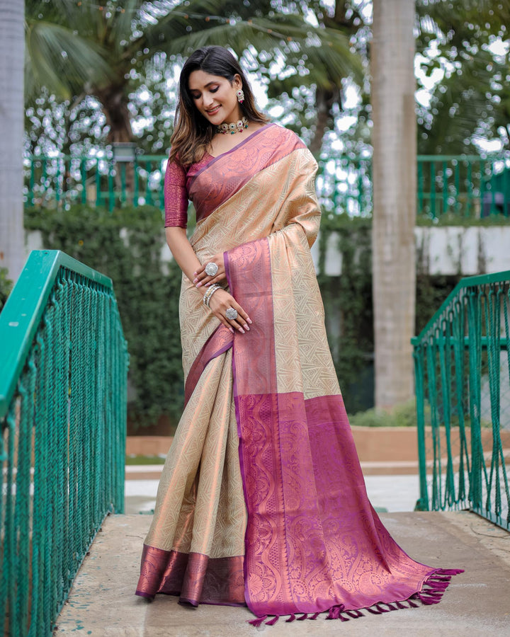 Almond cream luxury kanjivaram silk saree - PAHRAVA