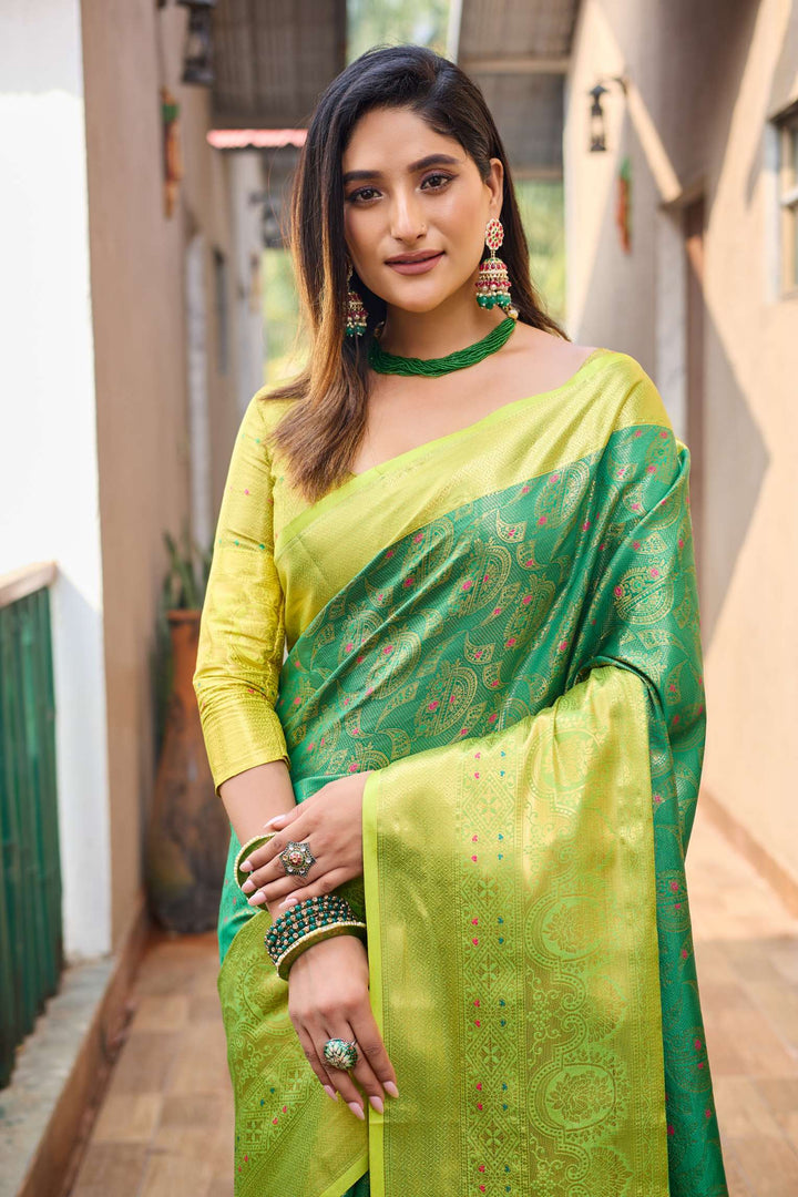 Yellow with green saree with vibrant tassels - PAHRAVA