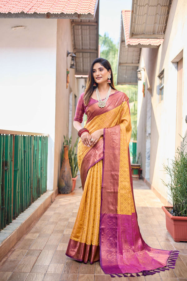 Mustard yellow pattu kanjivaram silk saree - PAHRAVA