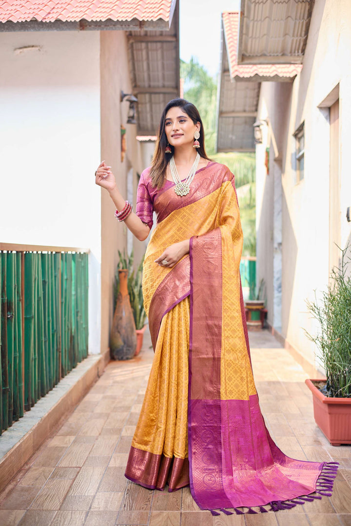 Mustard yellow pattu kanjivaram silk saree - PAHRAVA