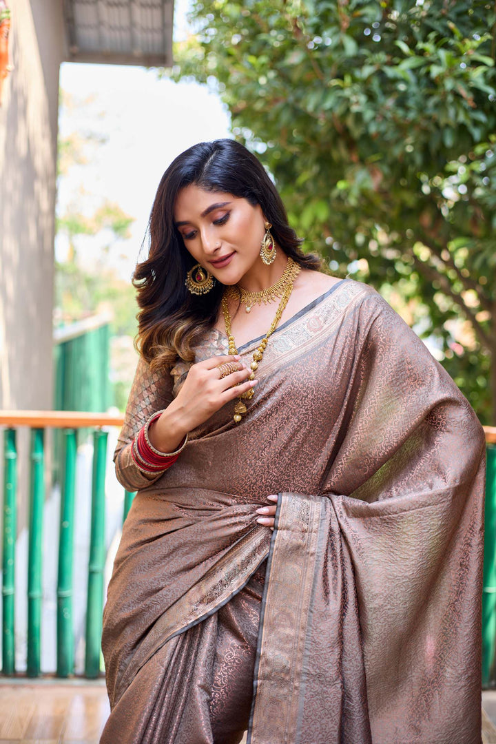 Silver Brown Soft Kubera Dharmavaram Pattu Saree - PAHRAVA