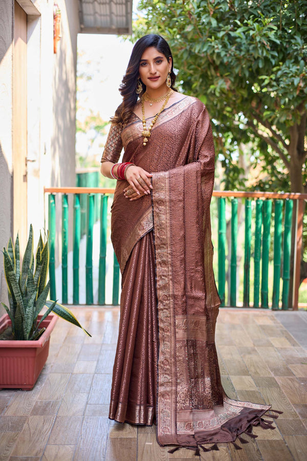 Chocolate Brown Soft Kubera Dharmavaram Pattu Saree - PAHRAVA