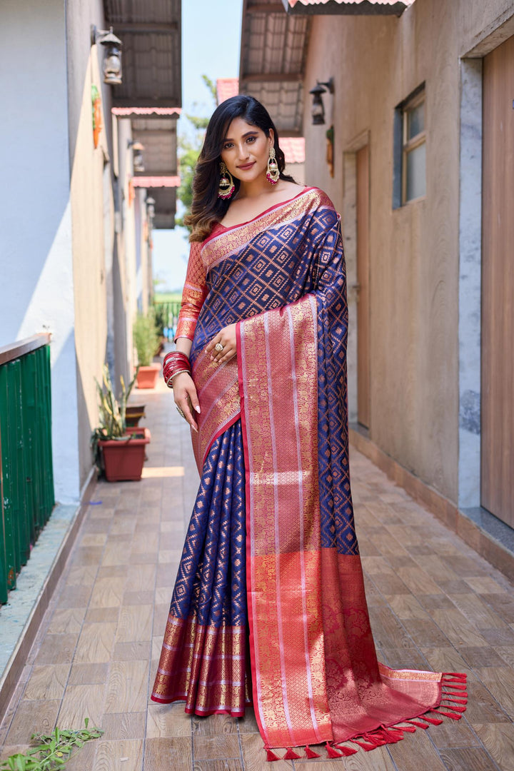 Indigo blue banarasi handloom soft silk saree - PAHRAVA