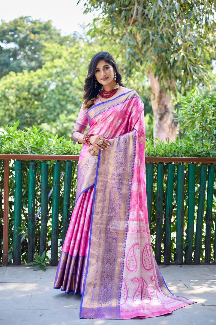 Rose pink banarasi handloom tissue silk saree - PAHRAVA