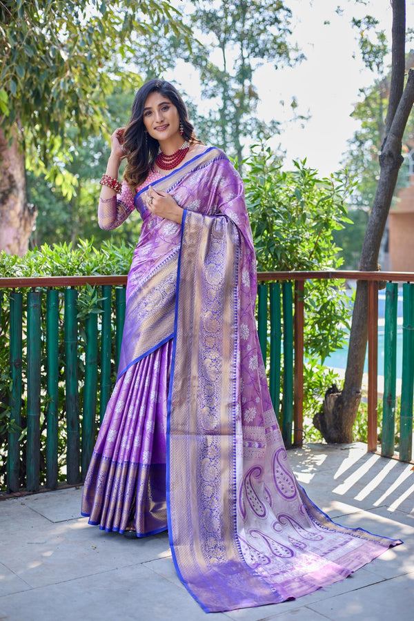 Lavender banarasi handloom tissue silk saree - PAHRAVA