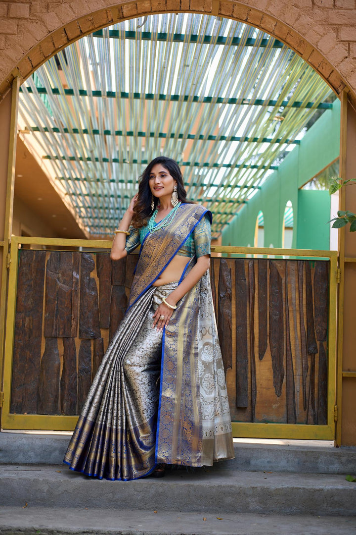 Silver grey banarasi tissue silk saree - PAHRAVA