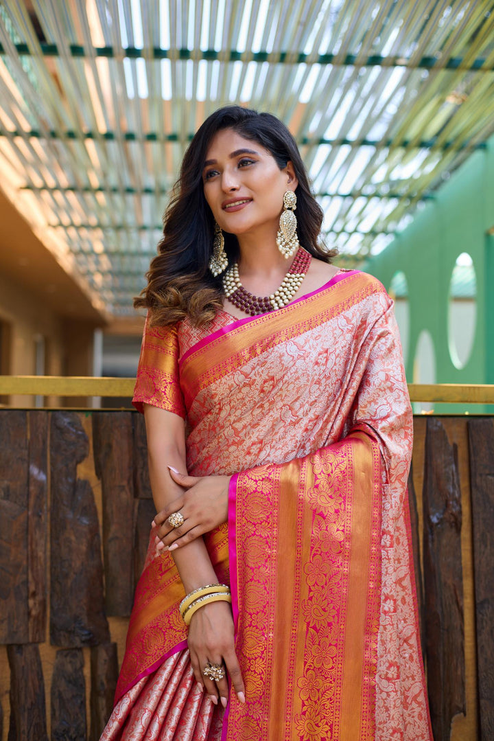 Prism peach banarasi tissue silk saree - PAHRAVA