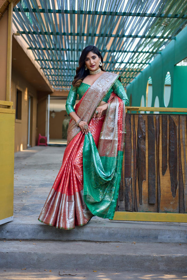 Plum peach with green banarasi silk saree - PAHRAVA