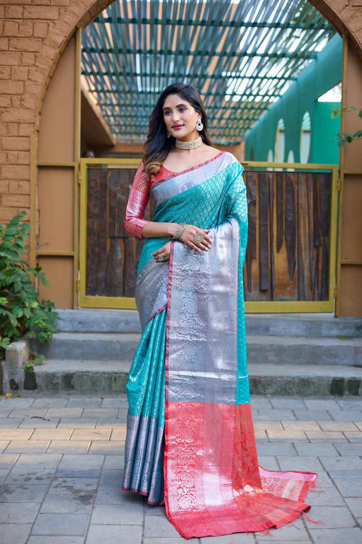 Sea blue with pink banarasi silk saree - PAHRAVA