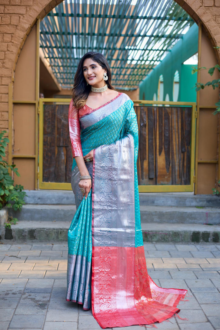 Sea blue with pink banarasi silk saree - PAHRAVA