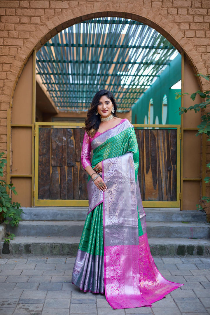 Green with rani pink banarasi silk saree - PAHRAVA