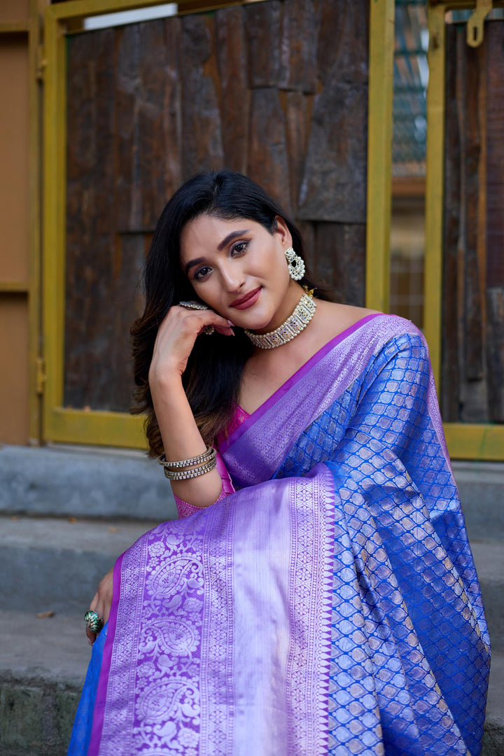 Ink blue with rani pink banarasi silk saree - PAHRAVA