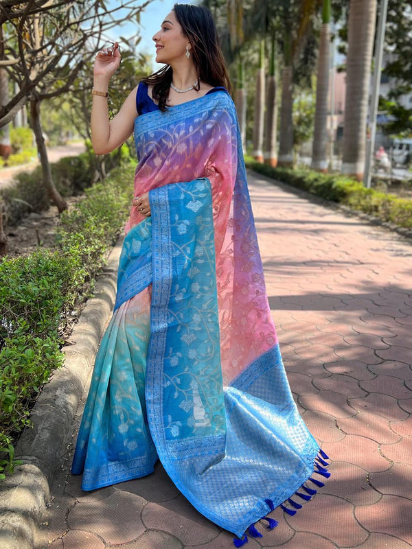 Sky Blue Slub Silk Resham Tassels Saree