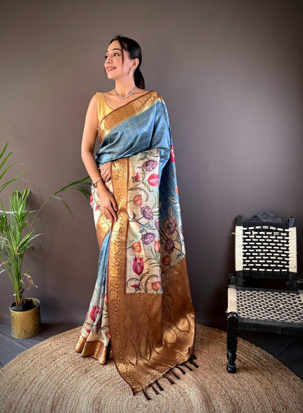 Muted Blue Chitranshi Digital Print Saree