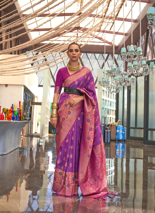 Warm Purple Self-Contrast Chaap Handloom Weaving Saree - PAHRAVA