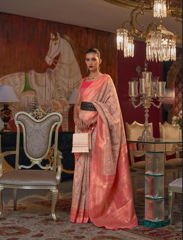 Delight pink Modal Kashmiri Chaap Handloom Weaving Saree - PAHRAVA