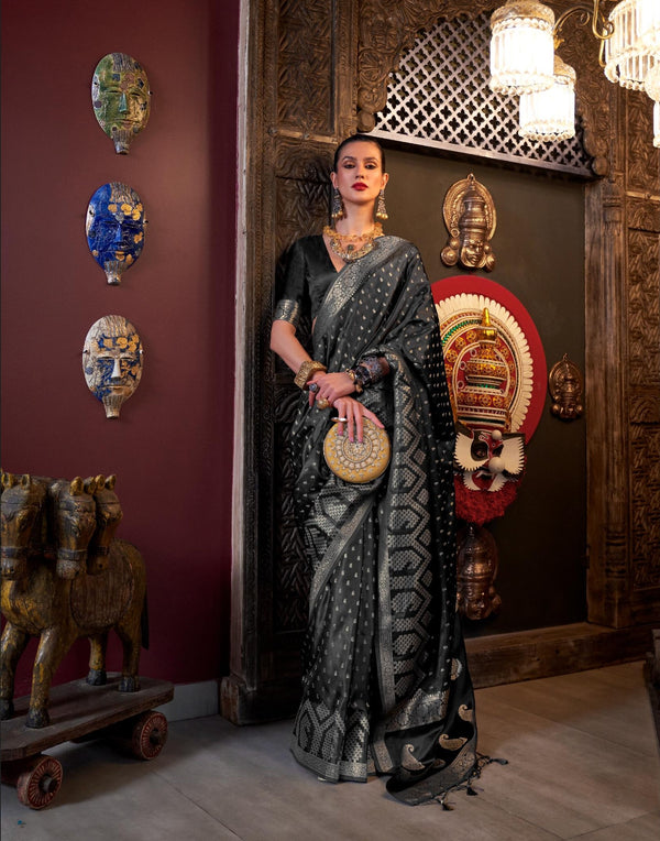 Jet Black Pure Satin Handloom Weaving Saree - PAHRAVA