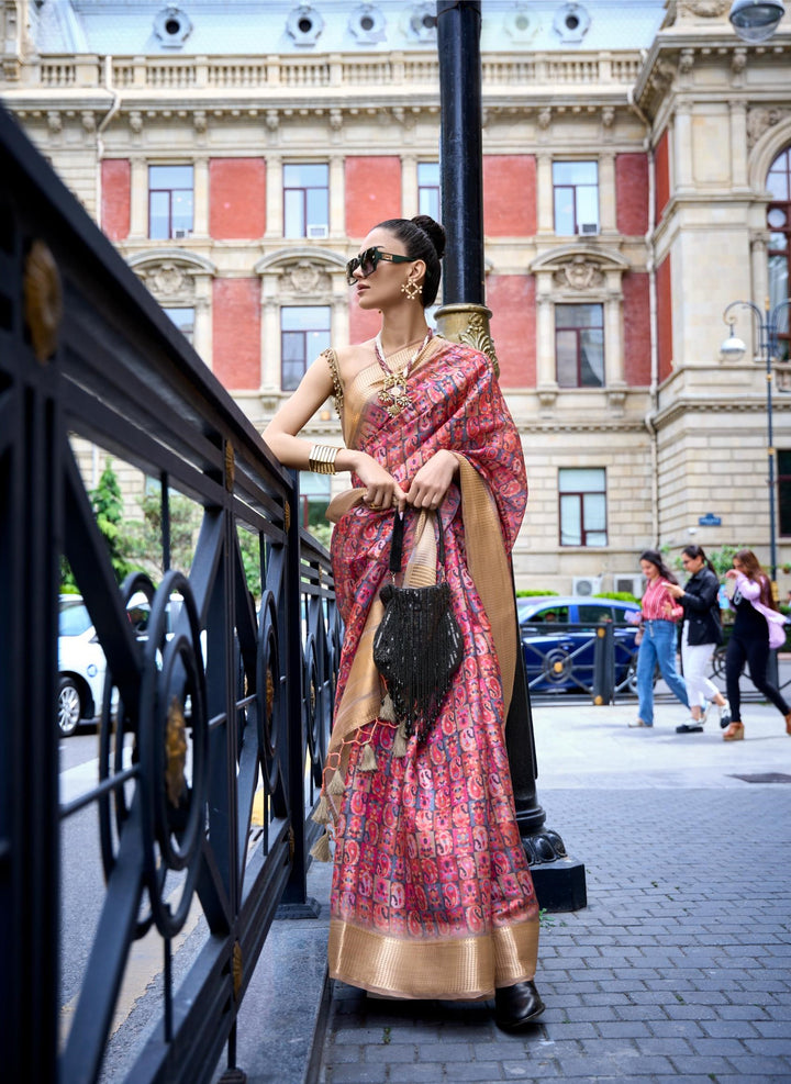 Blush Red Print Satin Organza Weaving Saree - PAHRAVA