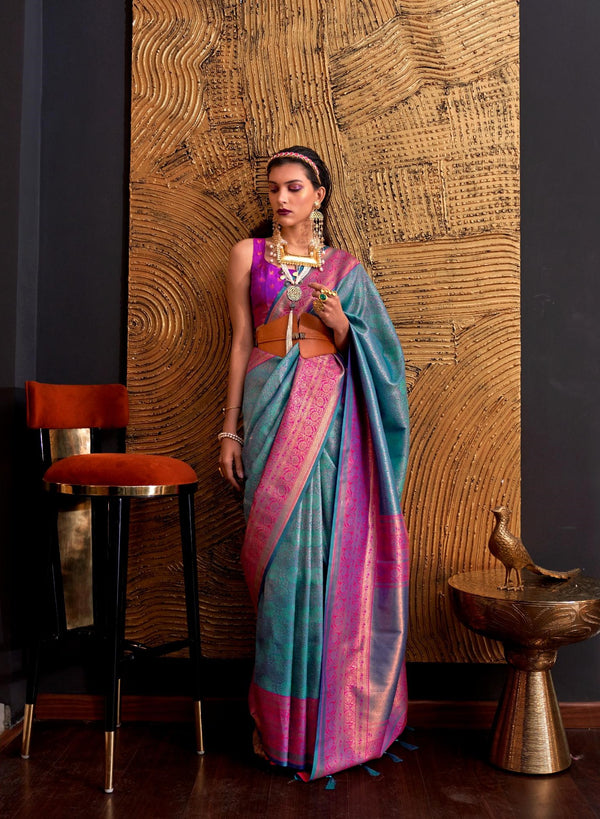 Venice Blue Chaap Handloom Weaving Silk Saree - PAHRAVA