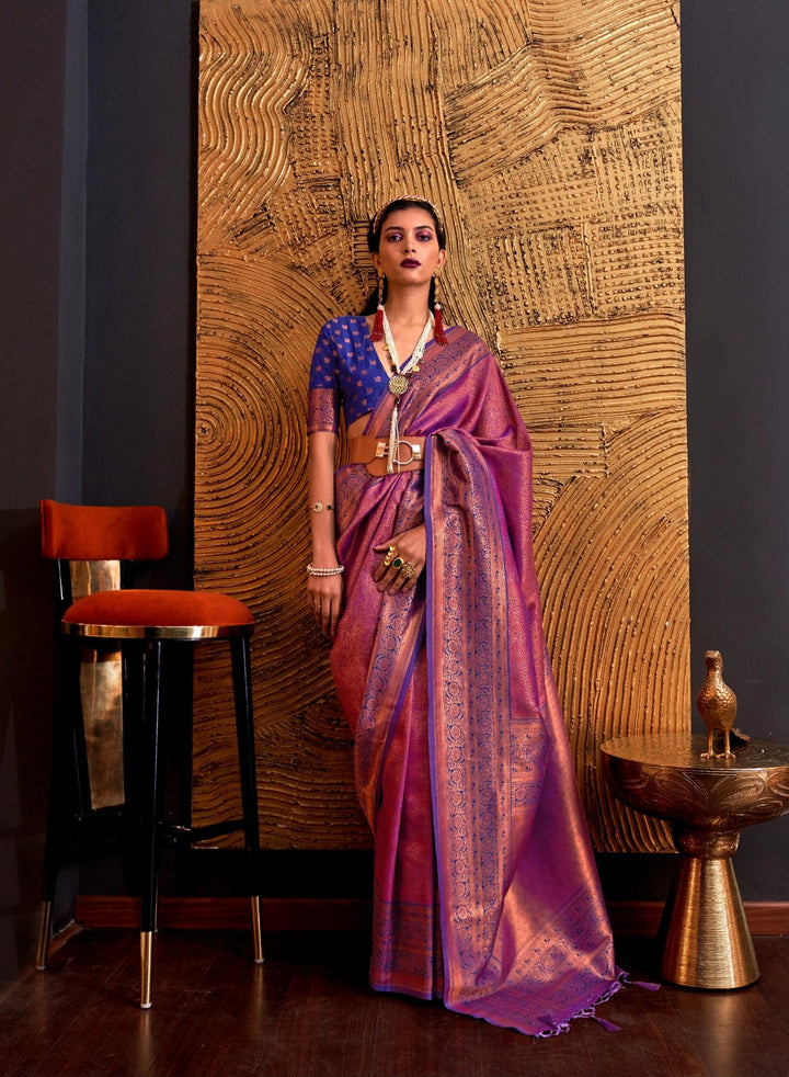 Pansy Purple Chaap Handloom Weaving Silk Saree - PAHRAVA