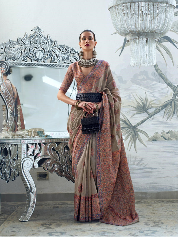 Warm Grey Modal Heavy Kashmiri Handloom Weaving Saree - PAHRAVA