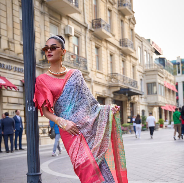 Rose Pink Print Poly Viscose Handloom Weaving Saree - PAHRAVA